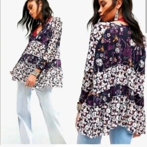 Free People Isabelle Multicolor Floral Deep V NECK Oversized Tunic Blouse